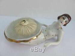 ANTIQUE Porcelain Art Deco Half Doll and Powder Bowl with Puff White Gold Trim