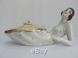 ANTIQUE Porcelain Art Deco Half Doll and Powder Bowl with Puff White Gold Trim