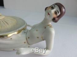 ANTIQUE Porcelain Art Deco Half Doll and Powder Bowl with Puff White Gold Trim