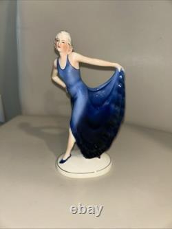 ART DECO KATZHUTTE LADY IN BLUE DRESS FIGURINE GERMAN HERTWIG 1930's