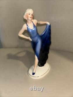ART DECO KATZHUTTE LADY IN BLUE DRESS FIGURINE GERMAN HERTWIG 1930's