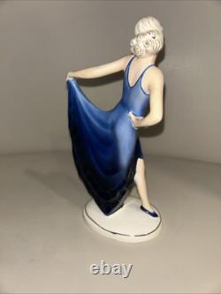 ART DECO KATZHUTTE LADY IN BLUE DRESS FIGURINE GERMAN HERTWIG 1930's