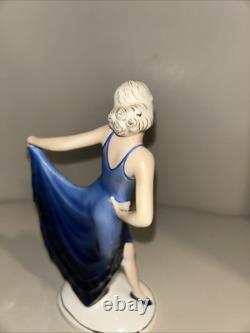 ART DECO KATZHUTTE LADY IN BLUE DRESS FIGURINE GERMAN HERTWIG 1930's