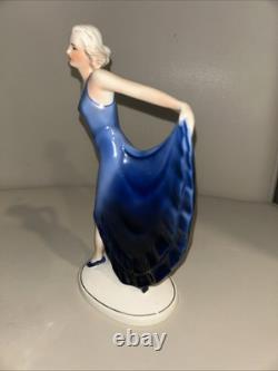 ART DECO KATZHUTTE LADY IN BLUE DRESS FIGURINE GERMAN HERTWIG 1930's