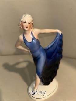 ART DECO KATZHUTTE LADY IN BLUE DRESS FIGURINE GERMAN HERTWIG 1930's