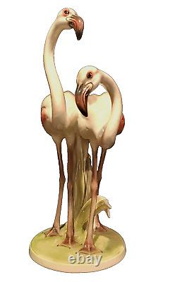 ART DECO Large Pair Flamingos Figurine 31cm Keramos Wein Austria C1930 Mint