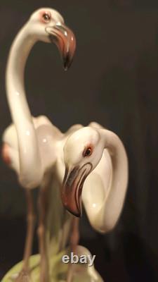 ART DECO Large Pair Flamingos Figurine 31cm Keramos Wein Austria C1930 Mint