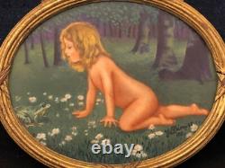 ART DECO painting on porcelain Y. Demias 1921 child with frog frame