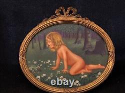 ART DECO painting on porcelain Y. Demias 1921 child with frog frame