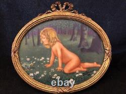 ART DECO painting on porcelain Y. Demias 1921 child with frog frame