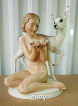 Antiq. Hutschenreuther Rosenthal Art Deco Porcelain Figurine, Nude w Deer, 9 H