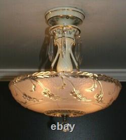 Antique 14 inch pink glass Porcelier Art Deco ceiling light fixture chandelier