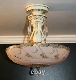 Antique 14 inch pink glass Porcelier Art Deco ceiling light fixture chandelier