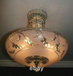 Antique 14 inch pink glass Porcelier Art Deco ceiling light fixture chandelier
