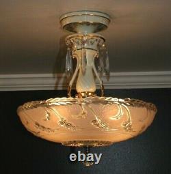 Antique 14 inch pink glass Porcelier Art Deco ceiling light fixture chandelier