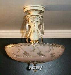 Antique 14 inch pink glass Porcelier Art Deco ceiling light fixture chandelier