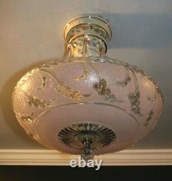 Antique 14 inch pink glass Porcelier Art Deco ceiling light fixture chandelier