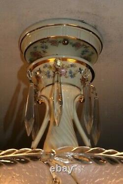 Antique 14 inch pink glass Porcelier Art Deco ceiling light fixture chandelier