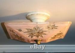 Antique 14 square pink glass Art Deco flush mount ceiling light fixture