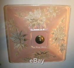 Antique 14 square pink glass Art Deco flush mount ceiling light fixture