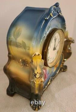 Antique 1900 ANSONIA La Charny Royal Bonn Porcelain Open Escapement Mantel Clock