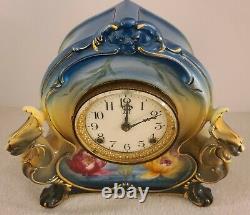 Antique 1900 ANSONIA La Charny Royal Bonn Porcelain Open Escapement Mantel Clock