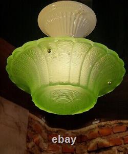 Antique 1930's Green Uranium Glass Art Deco Ceiling Light Fixture Chandelier