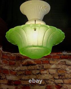 Antique 1930's Green Uranium Glass Art Deco Ceiling Light Fixture Chandelier