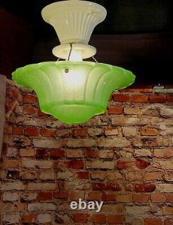 Antique 1930's Green Uranium Glass Art Deco Ceiling Light Fixture Chandelier