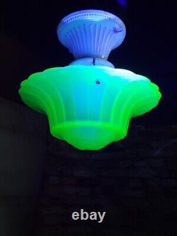 Antique 1930's Green Uranium Glass Art Deco Ceiling Light Fixture Chandelier