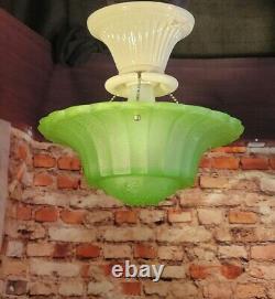 Antique 1930's Green Uranium Glass Art Deco Ceiling Light Fixture Chandelier