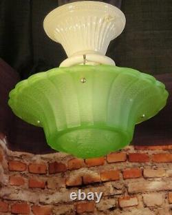 Antique 1930's Green Uranium Glass Art Deco Ceiling Light Fixture Chandelier