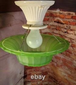 Antique 1930's Green Uranium Glass Art Deco Ceiling Light Fixture Chandelier