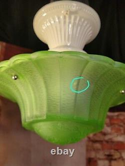 Antique 1930's Green Uranium Glass Art Deco Ceiling Light Fixture Chandelier