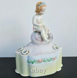 Antique 1935 Art Deco Porcelain Flower Frog Vase Girl on Snail Signed