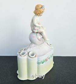 Antique 1935 Art Deco Porcelain Flower Frog Vase Girl on Snail Signed