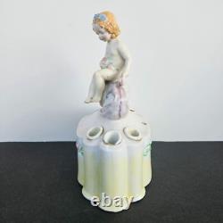 Antique 1935 Art Deco Porcelain Flower Frog Vase Girl on Snail Signed