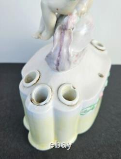 Antique 1935 Art Deco Porcelain Flower Frog Vase Girl on Snail Signed