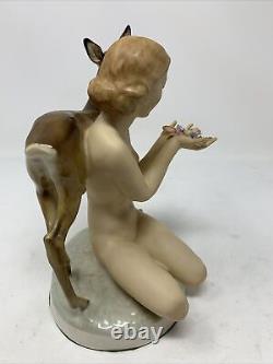 Antique 1939-1965 ART-DECO Porcelain HUTSCHENREUTHER Nude withDeer Free Ship