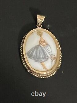 Antique Art Deco 14k Solid Yellow Gold Hand Painted Porcelain Pendant 4.7 g