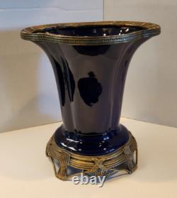 Antique Art Deco Cobalt Dark Blue Glass Porcelain Vase on Brass Stand Heavy