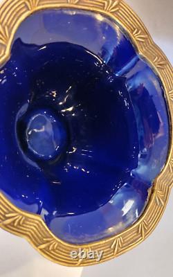 Antique Art Deco Cobalt Dark Blue Glass Porcelain Vase on Brass Stand Heavy