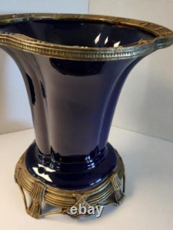 Antique Art Deco Cobalt Dark Blue Glass Porcelain Vase on Brass Stand Heavy