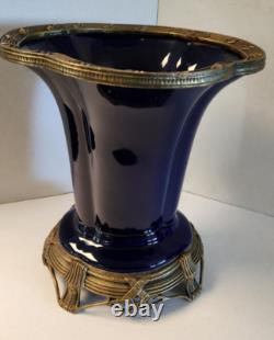 Antique Art Deco Cobalt Dark Blue Glass Porcelain Vase on Brass Stand Heavy