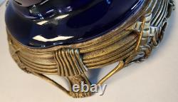 Antique Art Deco Cobalt Dark Blue Glass Porcelain Vase on Brass Stand Heavy
