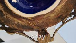 Antique Art Deco Cobalt Dark Blue Glass Porcelain Vase on Brass Stand Heavy