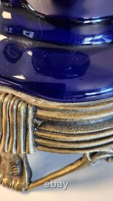 Antique Art Deco Cobalt Dark Blue Glass Porcelain Vase on Brass Stand Heavy
