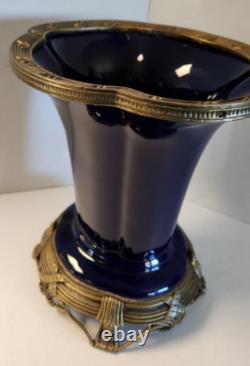 Antique Art Deco Cobalt Dark Blue Glass Porcelain Vase on Brass Stand Heavy