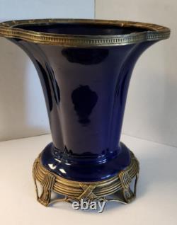 Antique Art Deco Cobalt Dark Blue Glass Porcelain Vase on Brass Stand Heavy
