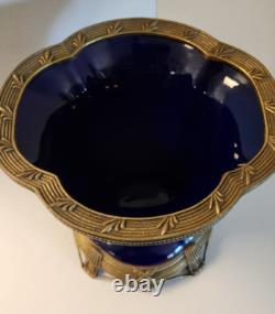 Antique Art Deco Cobalt Dark Blue Glass Porcelain Vase on Brass Stand Heavy